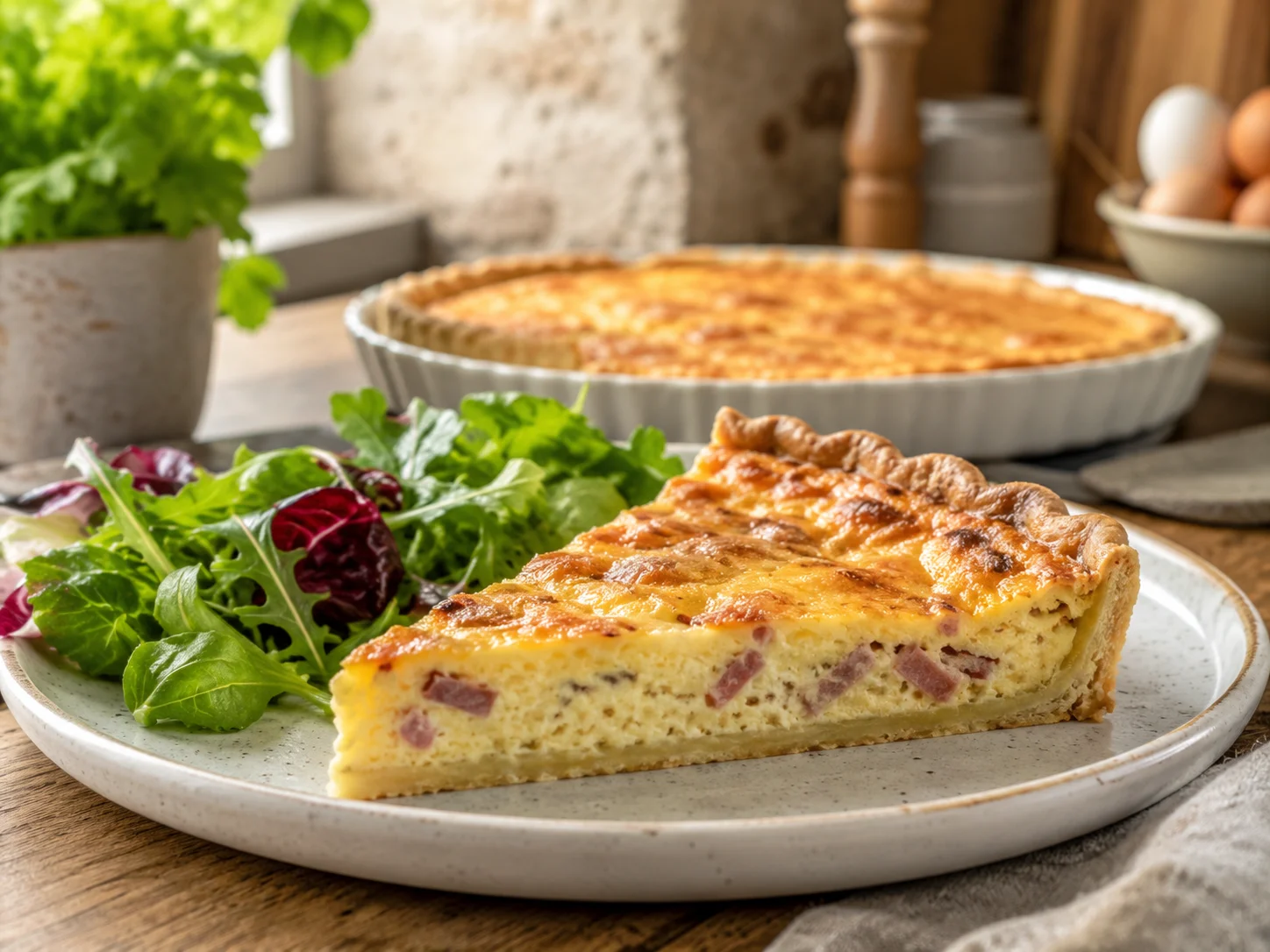 Porción de Quiche Lorraine con masa dorada y relleno cremoso
