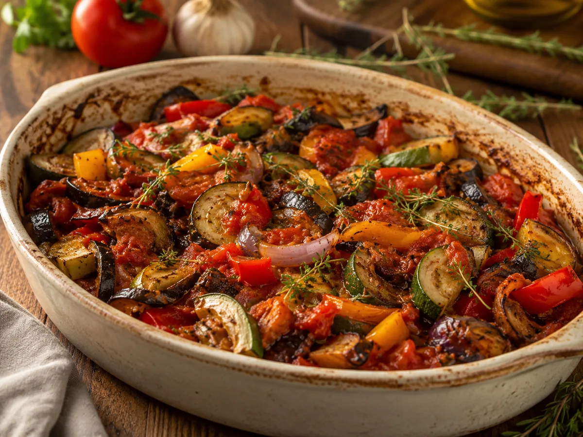 Ratatouille asada con tomate, berenjena, calabacín y pimientos en una fuente de horno