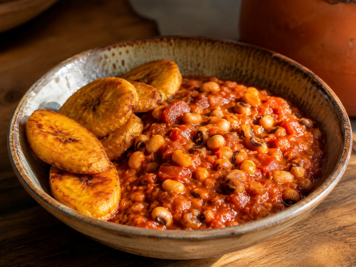 Red red con frijol carilla y plátano frito