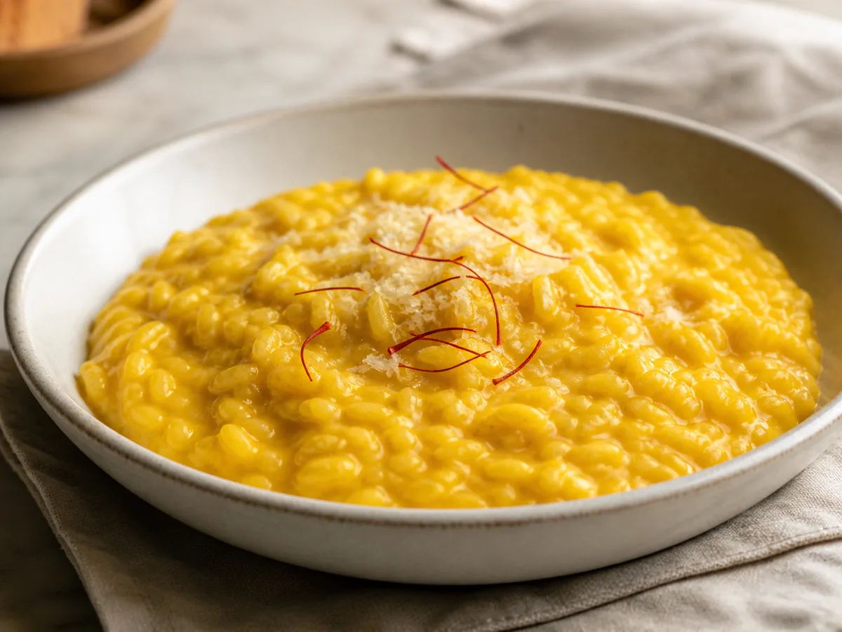 Golden saffron risotto served in a shallow bowl