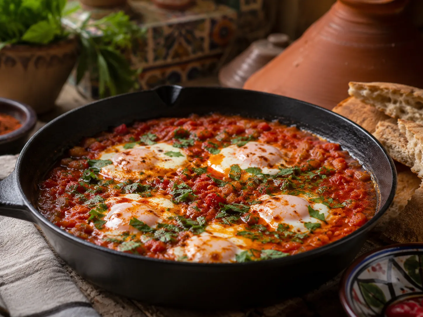 Shakshuka con huevos en salsa especiada de tomate y pimiento