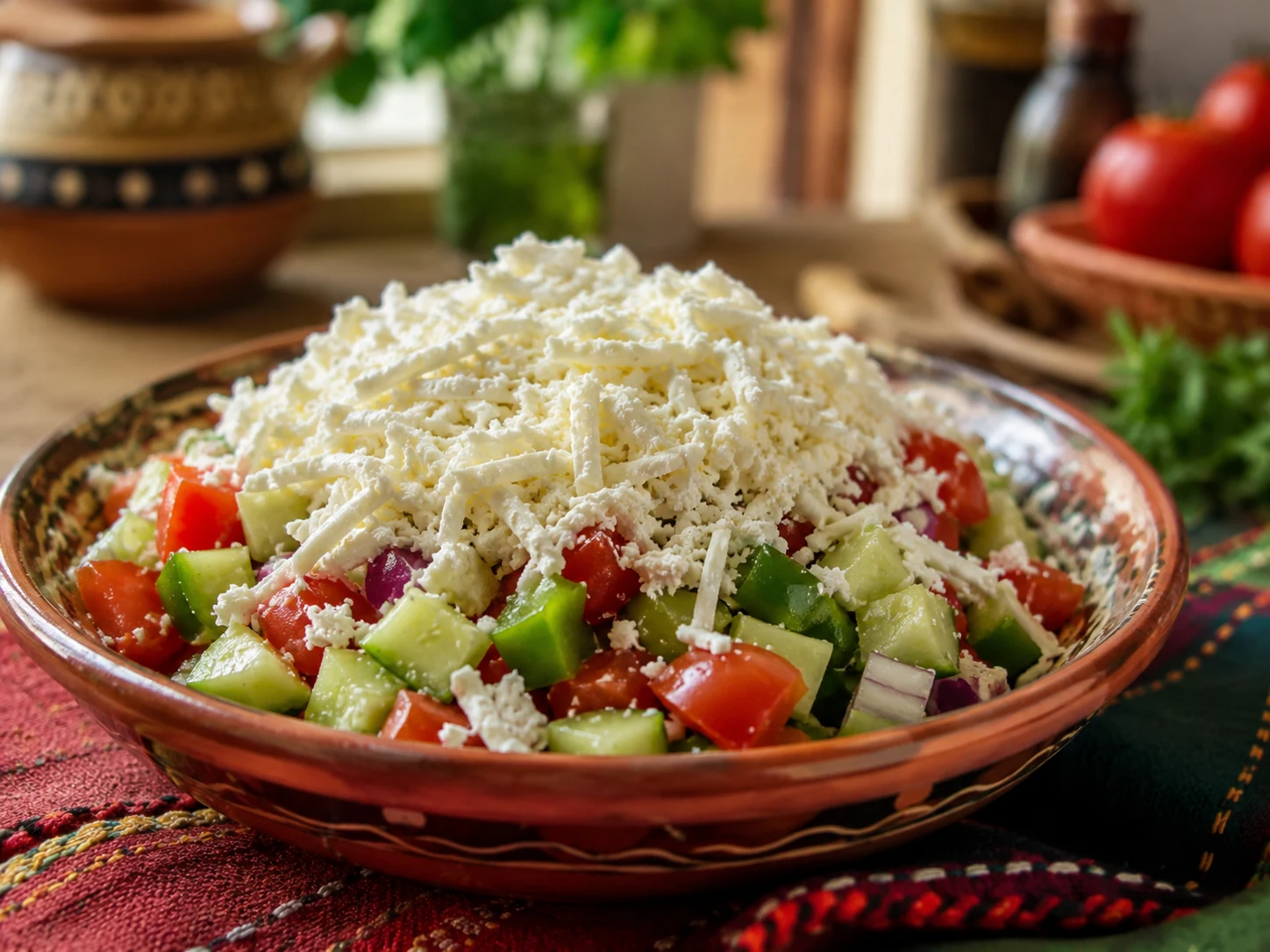 Ensalada shopska con tomate, pepino, pimiento y queso blanco rallado