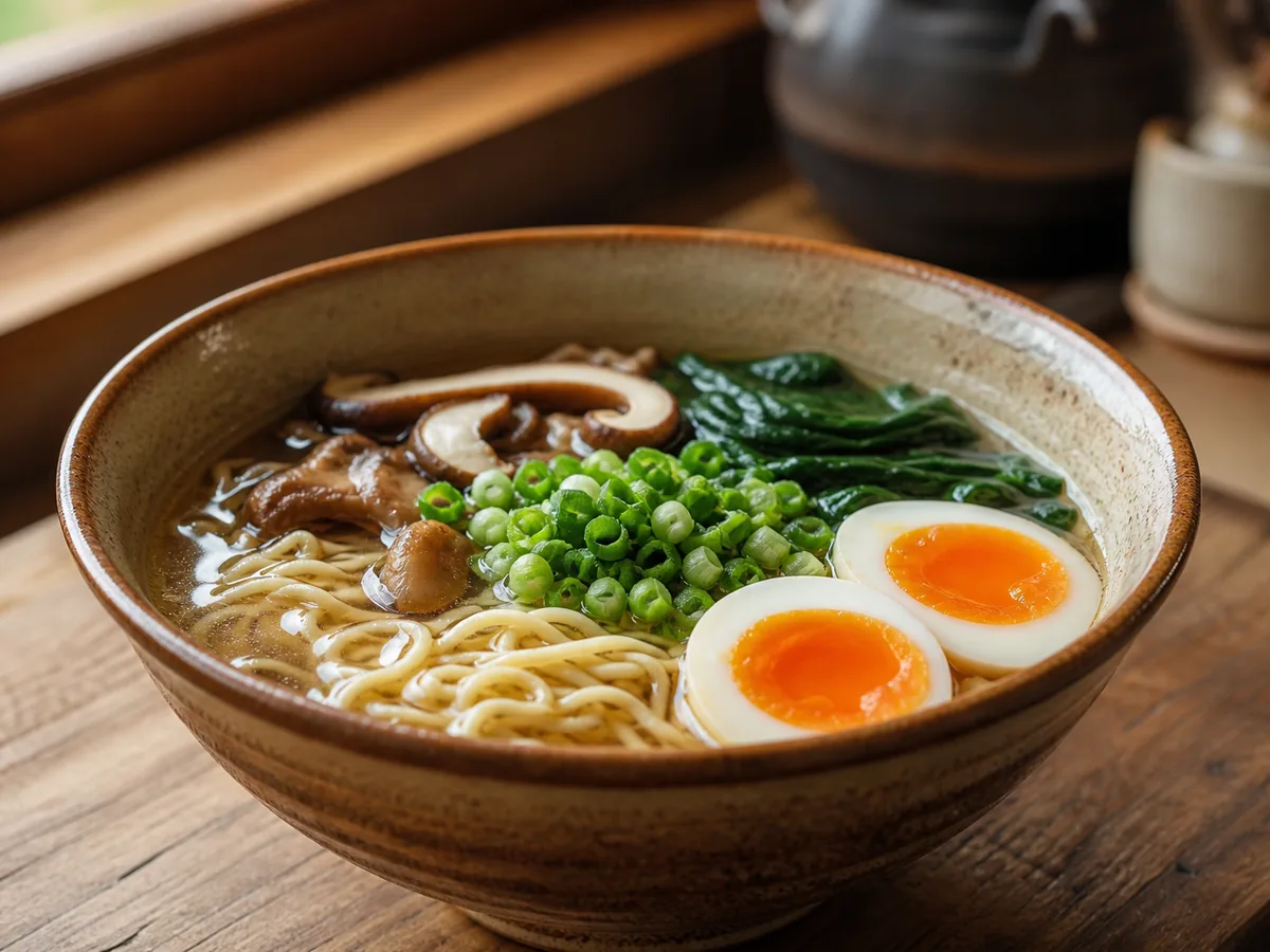 Cuenco de ramen con fideos, caldo, champiñones, verduras y huevo
