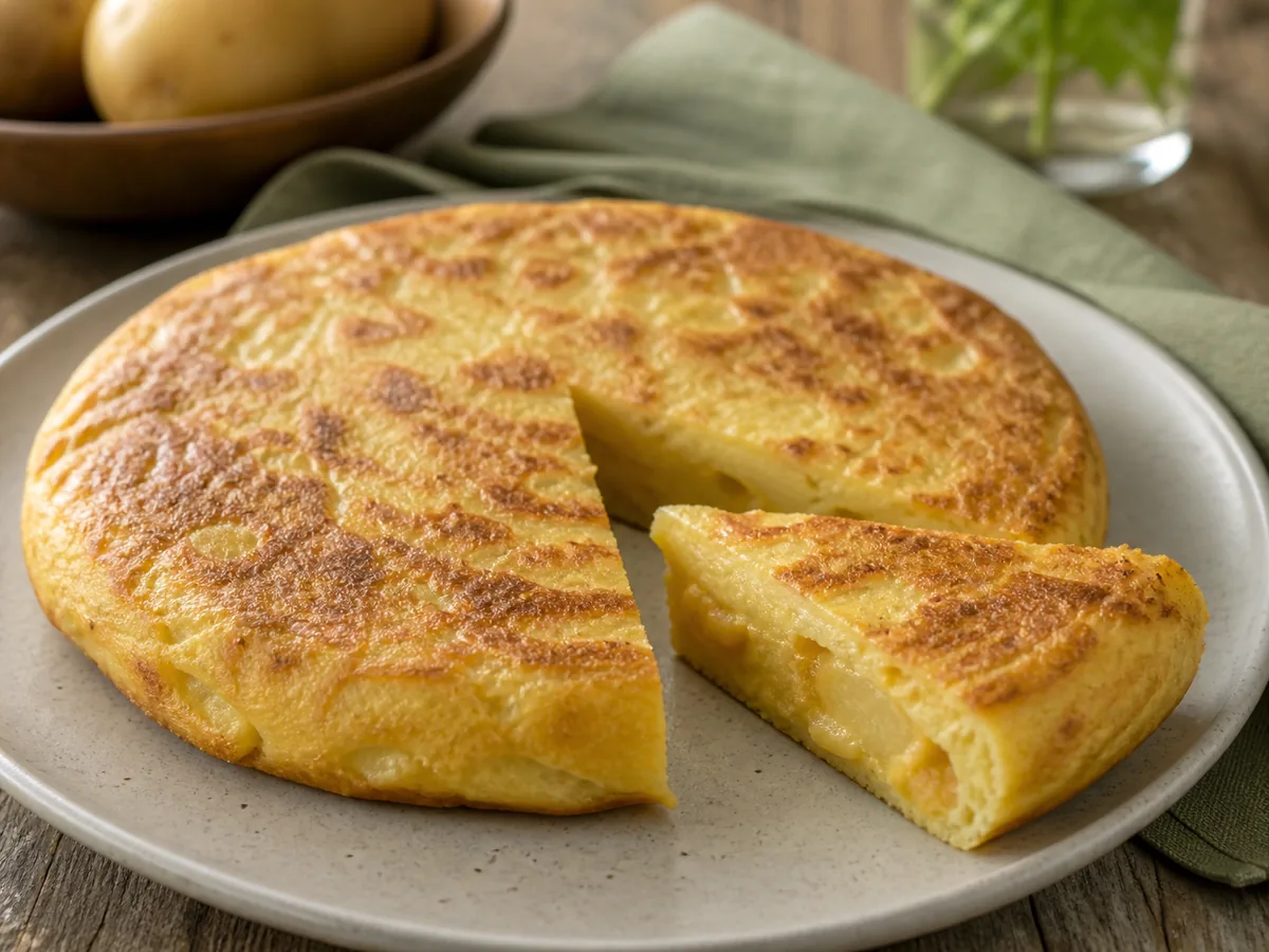 Slice of golden Spanish tortilla with potato layers on a plate