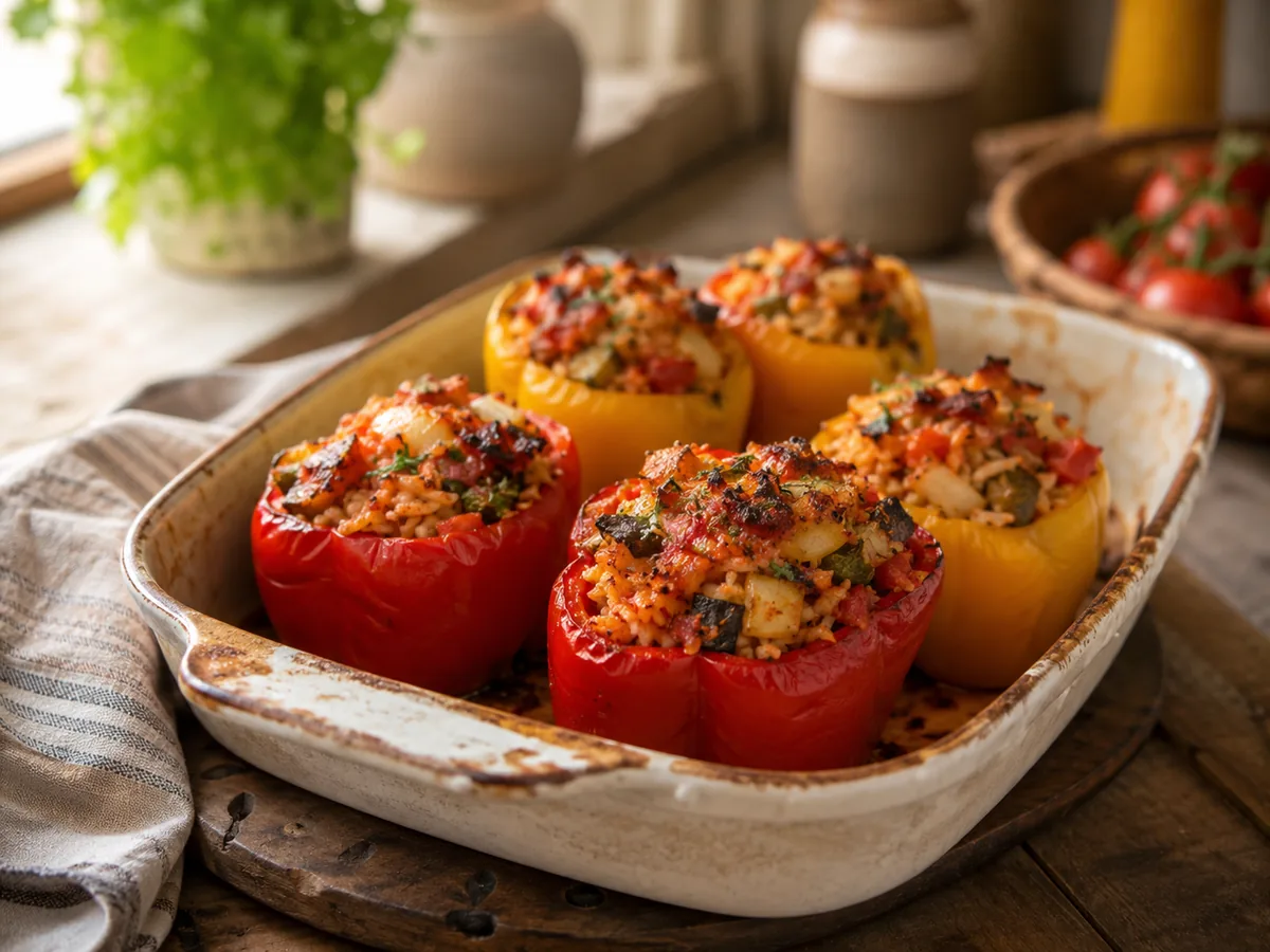 Pimientos rellenos al horno con arroz y verduras en una fuente