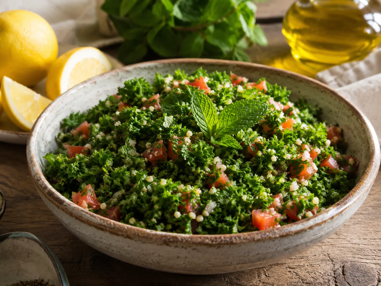 Ensalada tabbouleh de perejil con tomate, bulgur y menta