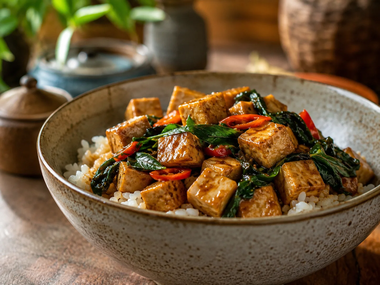 Tofu tailandés con albahaca sobre arroz, chile y hojas verdes