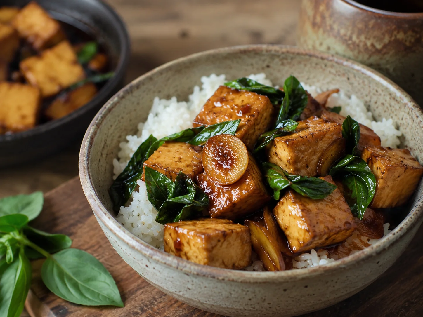 Tofu tres tazas con salsa brillante, jengibre y albahaca