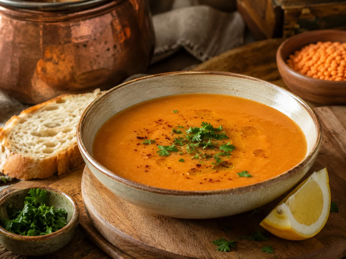 Sopa turca suave de lentejas rojas en cuencos con gajos de limón