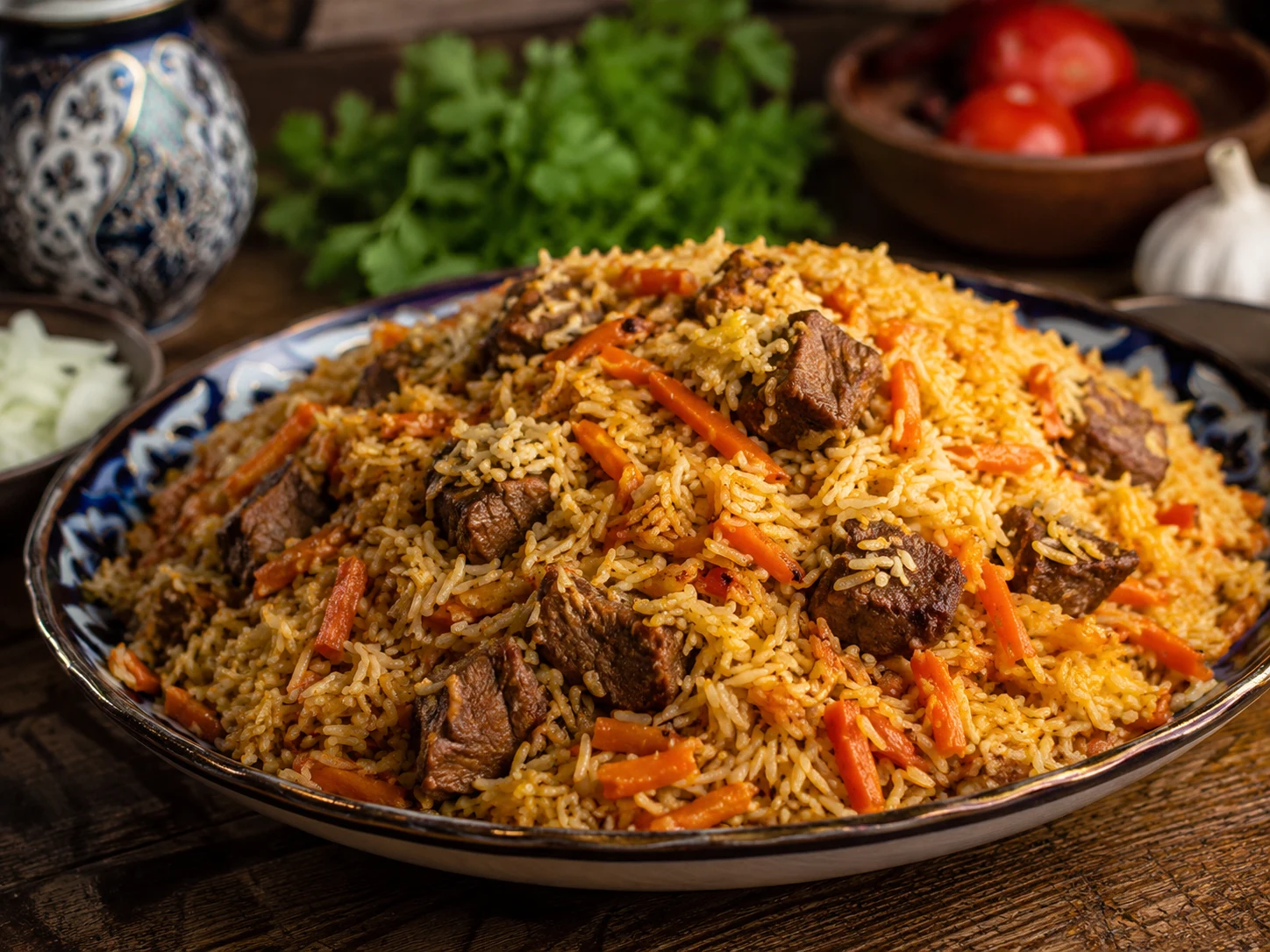 Plov uzbeko con ternera, arroz y zanahoria
