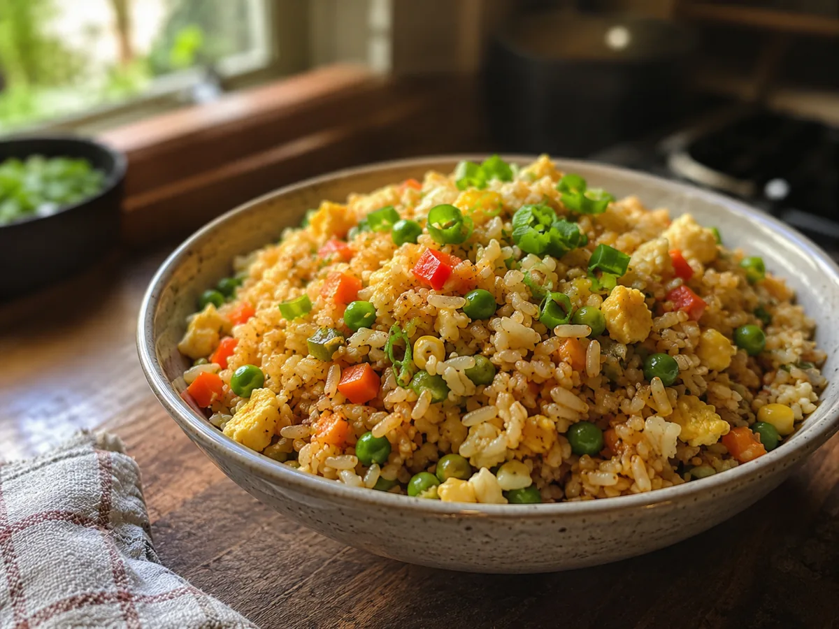 Arroz frito con verduras, huevo, cebolleta y verduras variadas en un cuenco
