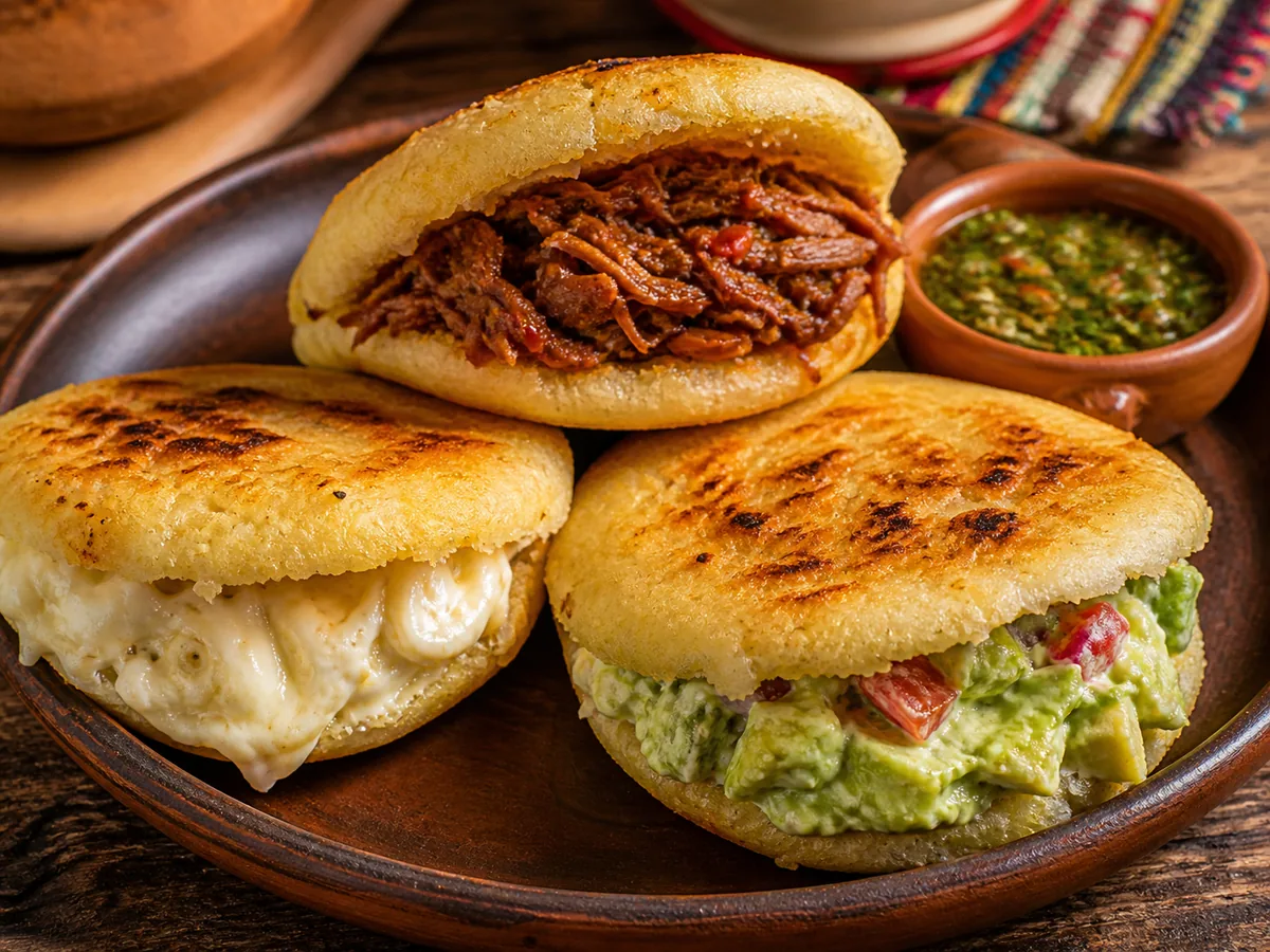 Three golden Venezuelan arepas with different fillings served on a wooden plate.
