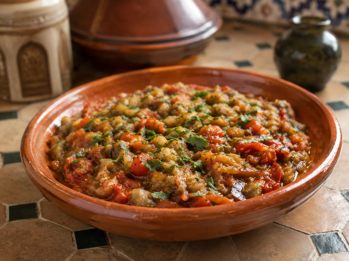 Zaalouk marroquí de berenjena, tomate, aceite de oliva y perejil